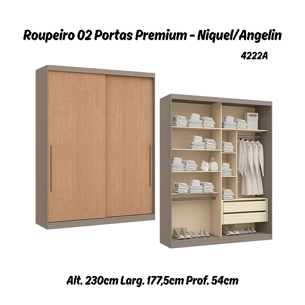 Roupeiro 02 Portas de Correr Premium Elegance 4222A - Níquel / Angelin - Móveis Castro