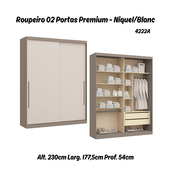 Roupeiro 02 Portas de Correr Premium Elegance 4222A - Níquel / Blanc - Móveis Castro