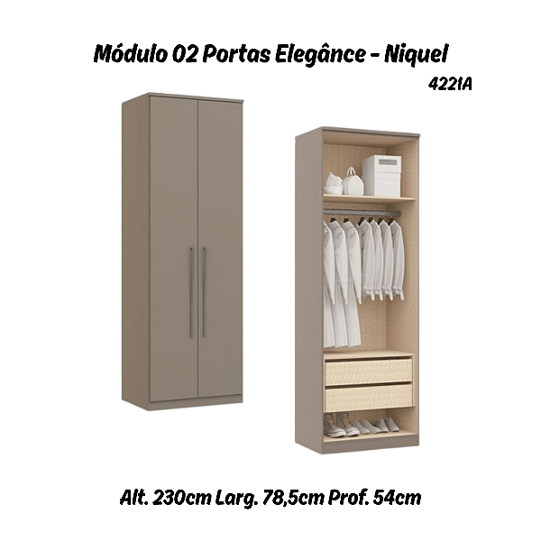 Módulo 02 Portas c/ Cabide e Gavetas Elegance 4221A - Níquel - Móveis Castro
