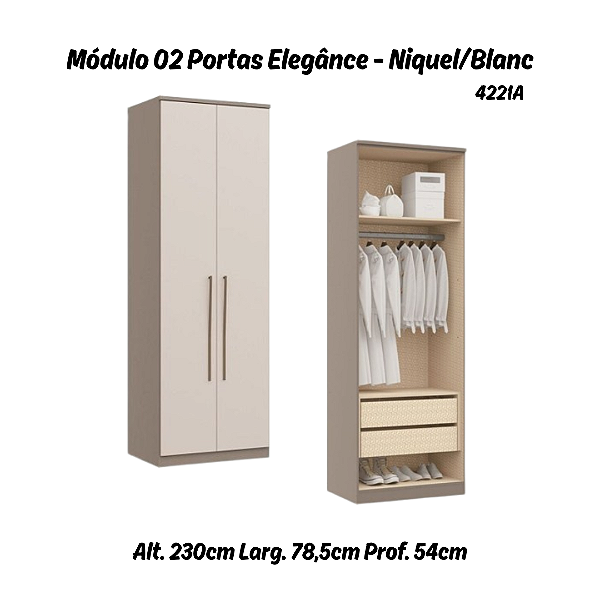 Módulo 02 Portas c/ Cabide e Gavetas Elegance 4221A - Níquel / Blanc - Móveis Castro