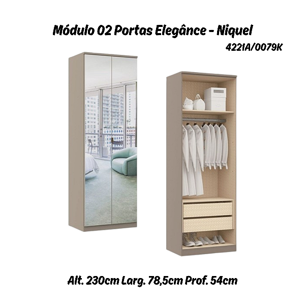 Módulo 02 Portas c/ Cabide, Gavetas e Espelhos - 4221A - Níquel - Móveis Castro