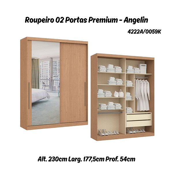 Roupeiro 02 Portas de Correr Premium Elegance c/ Espelho G - 4222A - Angelin - Móveis Castro
