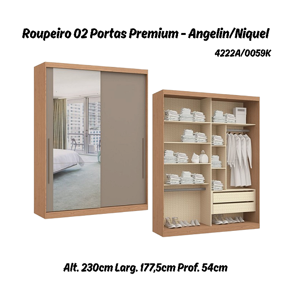 Roupeiro 02 Portas de Correr Premium Elegance c/ Espelho G - 4222A - Angelin / Níquel - Móveis Castro
