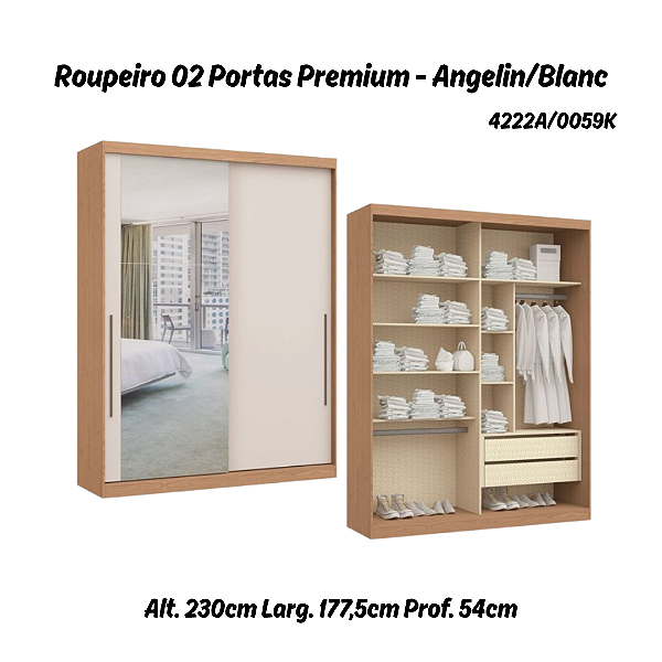 Roupeiro 02 Portas de Correr Premium Elegance c/ Espelho G - 4222A - Angelin / Blanc - Móveis Castro