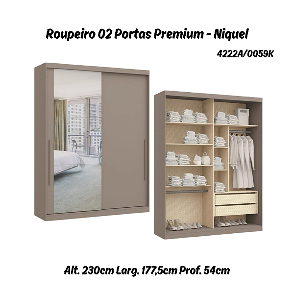 Roupeiro 02 Portas de Correr Premium Elegance c/ Espelho G - 4222A - Níquel - Móveis Castro