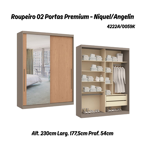 Roupeiro 02 Portas de Correr Premium Elegance c/ Espelho G - 4222A - Níquel / Angelin - Móveis castro