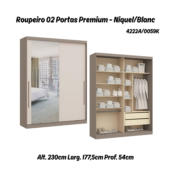 Roupeiro 02 Portas de Correr Premium Elegance c/ Espelho G - 4222A - Níquel / Blanc - Móveis Castro