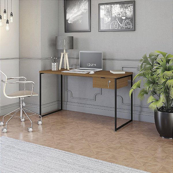 Mesa Secretária 136cm com Gaveta Ref. LI003/LI005 - Canela/Preto - Linha Industrial - Kappesberg