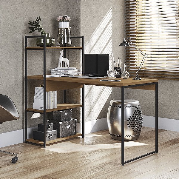 Mesa Escrivaninha com Prateleiras LI010 - Canela/Preto - Linha Industrial - Kappesberg