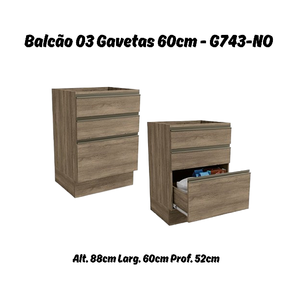 Balcão 03 Gavetas 60cm - Ref. G743 - Nogal - Linha Maxxi - Kappesberg