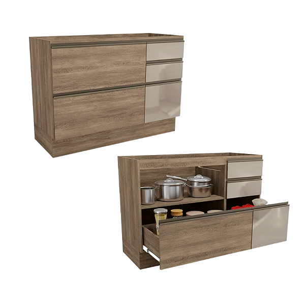 Balcão 01 Porta 04 Gavetas com vidro 120cm - Ref. G747  - Nogal - Linha Maxxi - Kappesberg