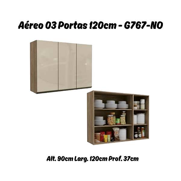 Aéreo 03 Portas 120cm com Vidro - Ref. G767 - Nogal - Linha Maxxi - Kappesberg