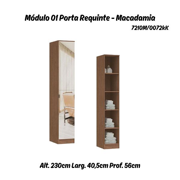 Módulo 01 Porta c/ Prateleiras Requinte c/ Espelho - 7210M - Macadâmia - Móveis Castro
