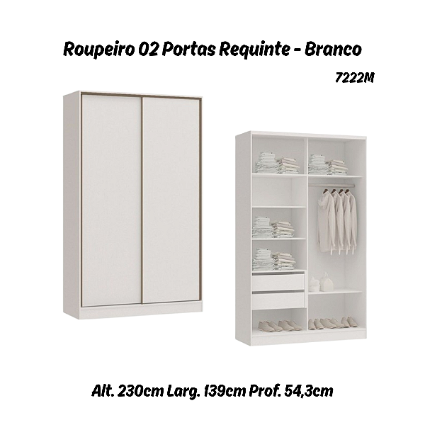 Roupeiro 02 Portas de Correr Requinte - 7222M - Branco - Móveis Castro
