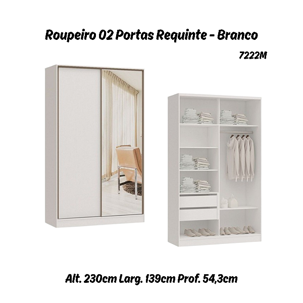 Roupeiro 02 Portas de Correr Requinte c/ 01 PT Espelho - 7222ME - Branco - Móveis Castro