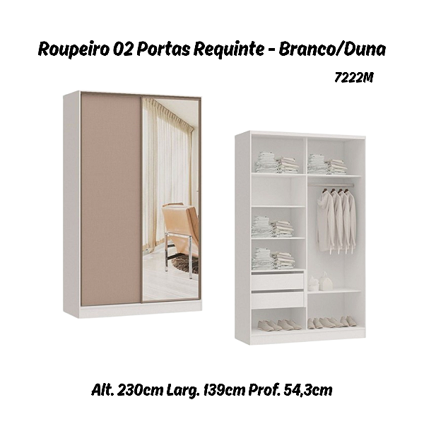Roupeiro 02 Portas de Correr Requinte c/ 01 PT Espelho - 7222ME - Branco / Duna - Móveis Castro