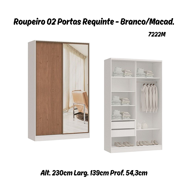 Roupeiro 02 Portas de Correr Requinte c/ 01 PT Espelho - 7222ME - Branco / Macadâmia - Móveis Castro