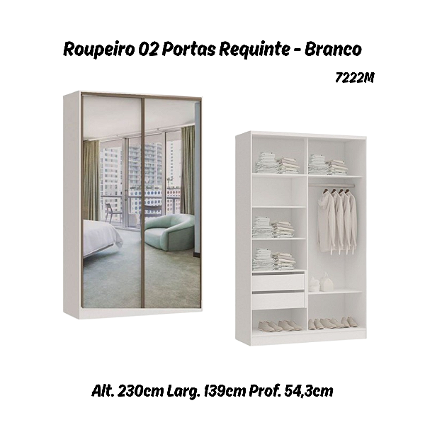 Roupeiro 02 Portas de Correr Requinte c/ Espelhos - 7222M2E - Branco - Móveis Castro