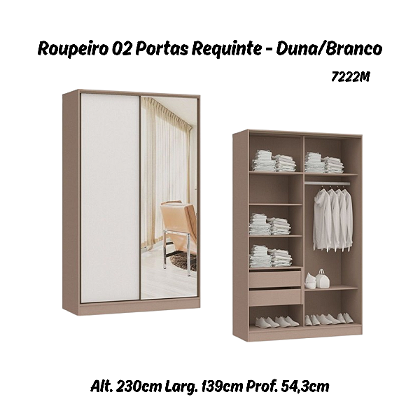 Roupeiro 02 Portas de Correr Requinte c/ 01 PT Espelho - 7222ME - Duna / Branco - Móveis Castro