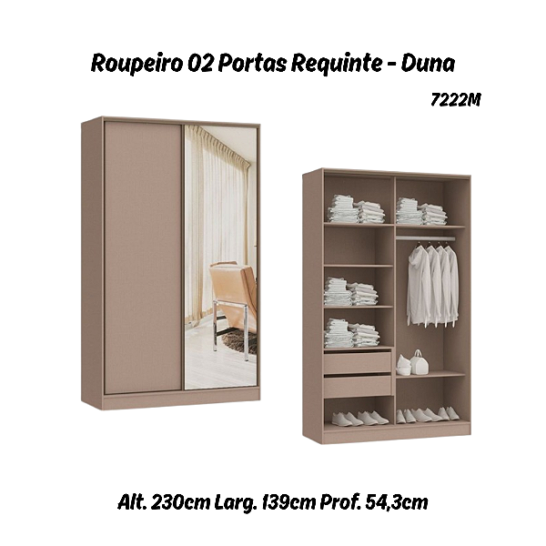 Roupeiro 02 Portas de Correr Requinte c/ 01 PT Espelho - 7222ME - Duna - Móveis Castro