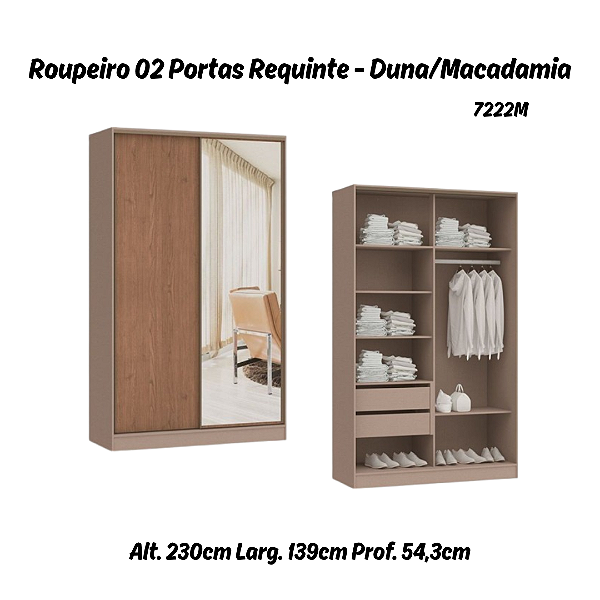 Roupeiro 02 Portas de Correr Requinte c/ 01 PT Espelho - 7222ME - Duna / Macadâmia - Móveis Castro