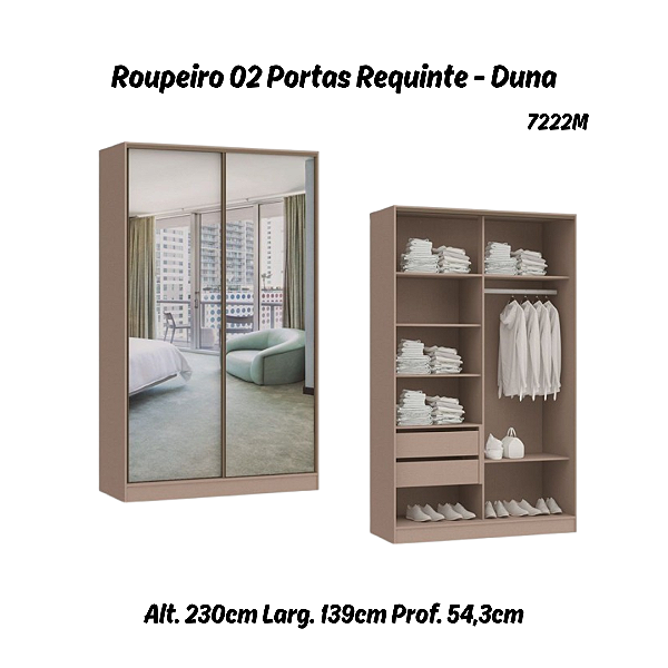 Roupeiro 02 Portas de Correr Requinte c/ Espelhos - 7222M2E - Duna - Móveis Castro