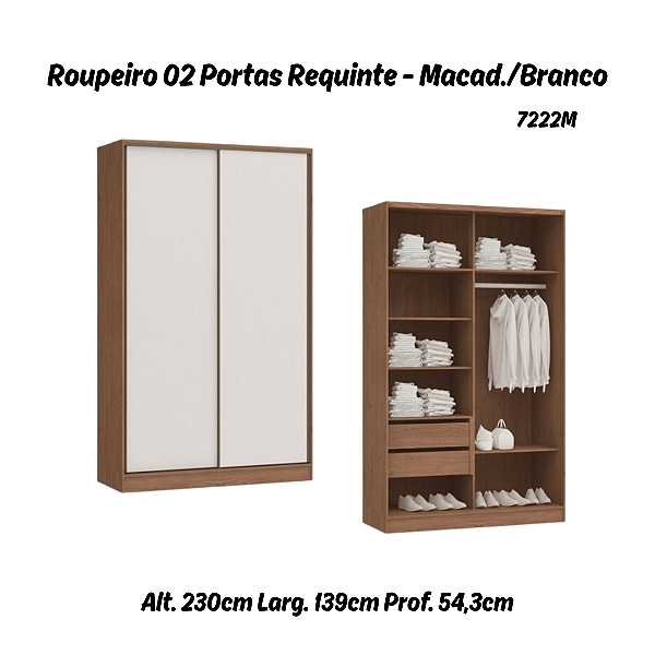 Roupeiro 02 Portas de Correr Requinte - 7222M - Macadâmia / Branco - Móveis Castro