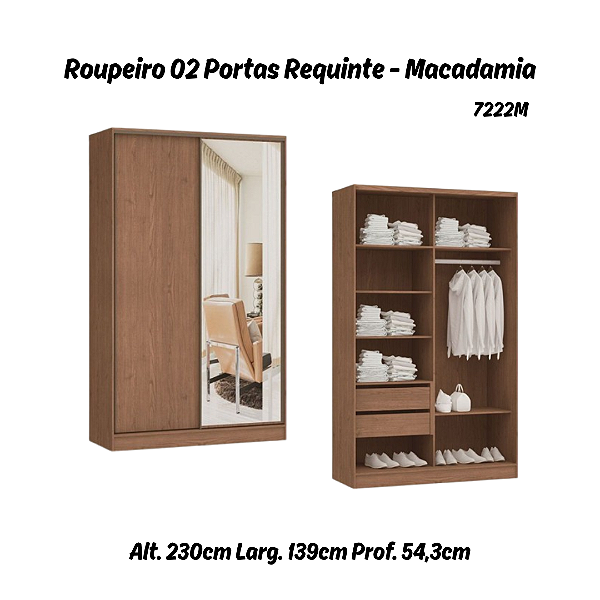 Roupeiro 02 Portas de Correr Requinte c/ 01 PT Espelho - 7222ME - Macadamia - Móveis Castro