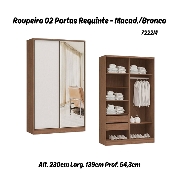 Roupeiro 02 Portas de Correr Requinte c/ 01 PT Espelho - 7222ME - Macadâmia / Branco - Móveis Castro