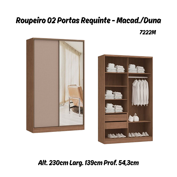 Roupeiro 02 Portas de Correr Requinte c/ 01 PT Espelho - 7222ME - Macadâmia / Duna - Móveis Castro