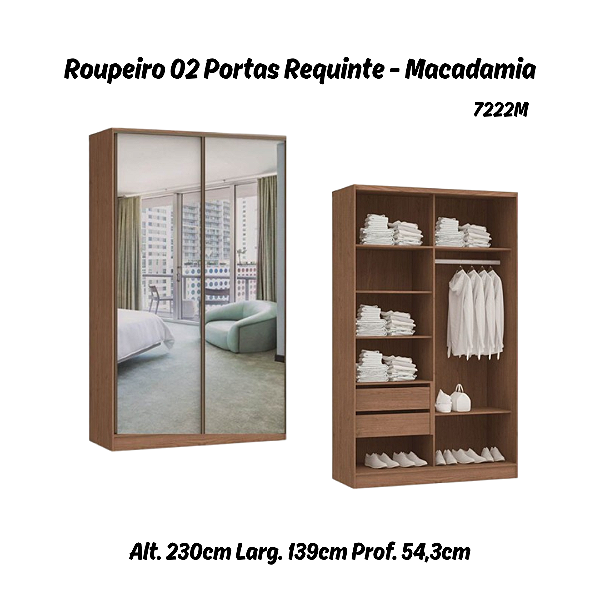 Roupeiro 02 Portas de Correr Requinte c/ Espelhos - 7222M2E - Macadâmia - Móveis Castro