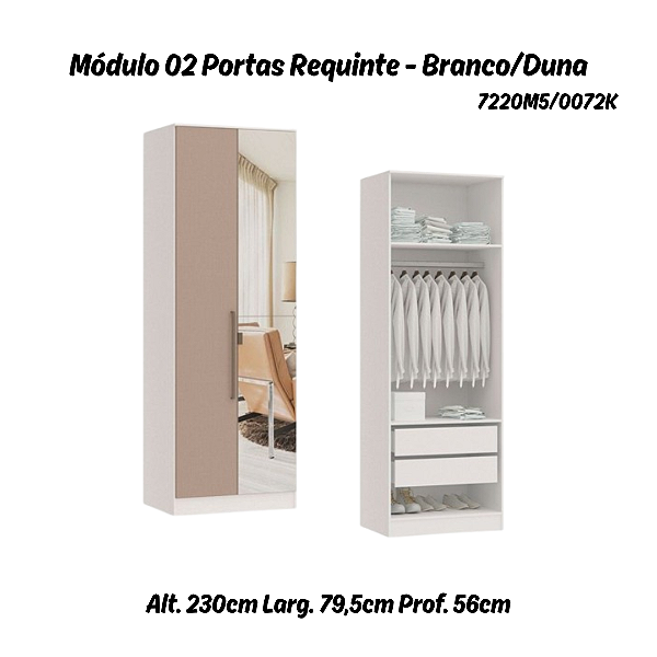 Módulo 02 Portas 02 Gvts 01 Cabideiro Requinte c/ 01 Pt Espelho - 7220M5 - Branco / Duna - Móveis Castro