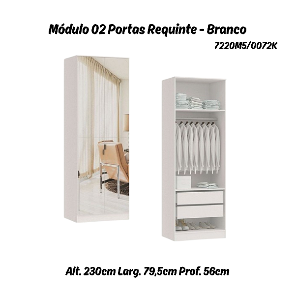 Módulo 02 Portas 02 Gvts 01 Cabideiro Requinte c/ 02 Pts Espelhos - 7220M5 - Branco - Móveis Castro