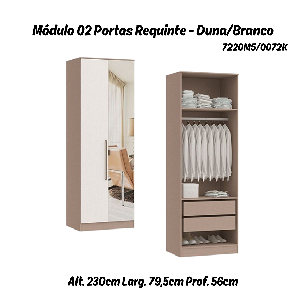Módulo 02 Portas 02 Gvts 01 Cabideiro Requinte c/ 01 Pt Espelho - 7220M5 - Duna / Branco - Móveis Castro