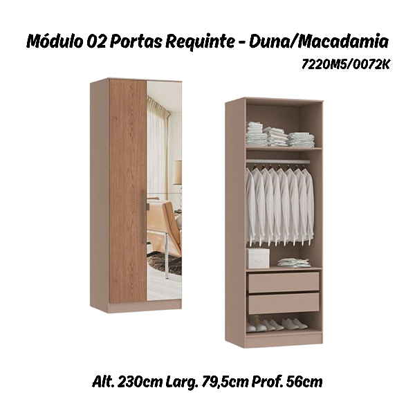 Módulo 02 Portas 02 Gvts 01 Cabideiro Requinte c/ 01 Pt Espelho - 7220M5 - Duna / Macadâmia - Móveis Castro