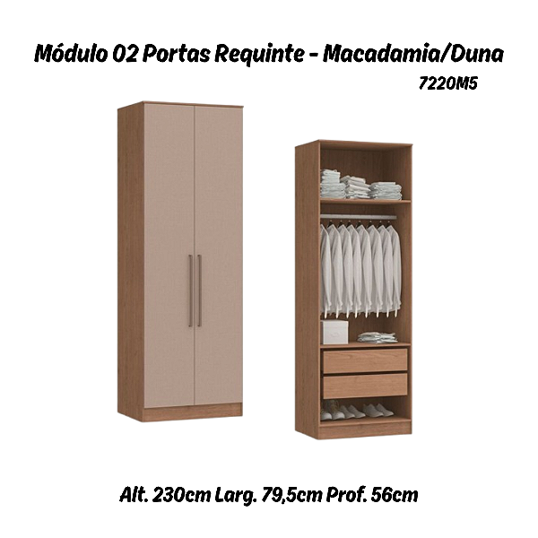 Módulo 02 Portas 02 Gvts 01 Cabideiro Requinte - 7220M5 - Macadâmia / Duna - Móveis Castro