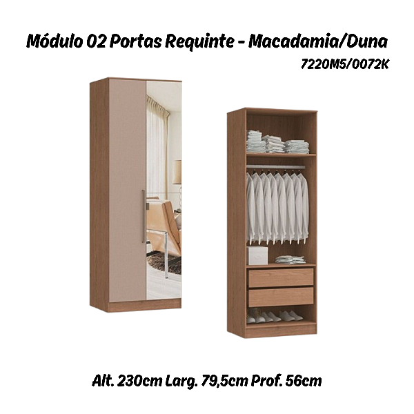 Módulo 02 Portas 02 Gvts 01 Cabideiro Requinte c/ 01 Pt Espelho - 7220M5 - Macadâmia / Duna - Móveis Castro