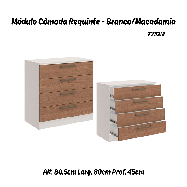 Módulo Cômoda 04 Gavetas Requinte - 7232M - Branco / Macadâmia - Móveis Castro