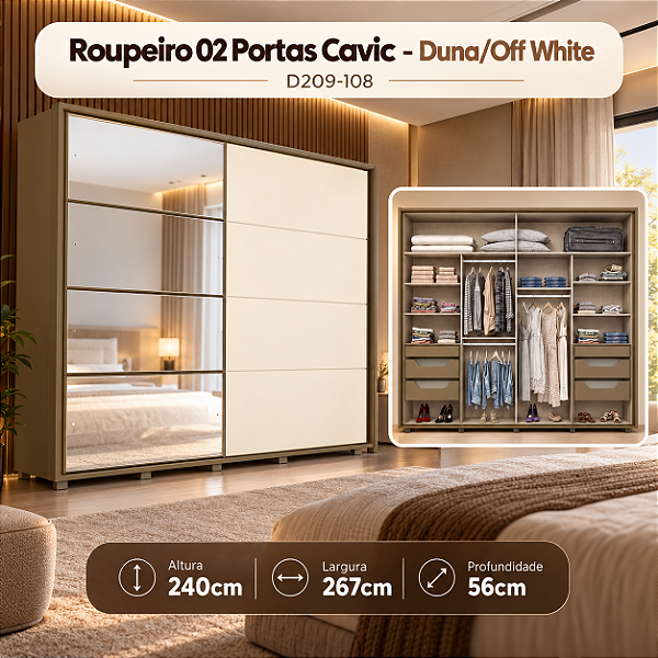 Roupeiro 268cm 02 Portas Deslizantes Cavic 100% MDF - D209-108 - Duna/Off White - Móveis Henn