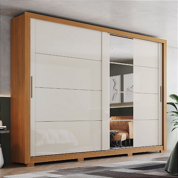 Roupeiro 02 Portas Deslizantes Palace c/ Espelho - D237-221 - Cinamomo / Off white - Móveis Henn
