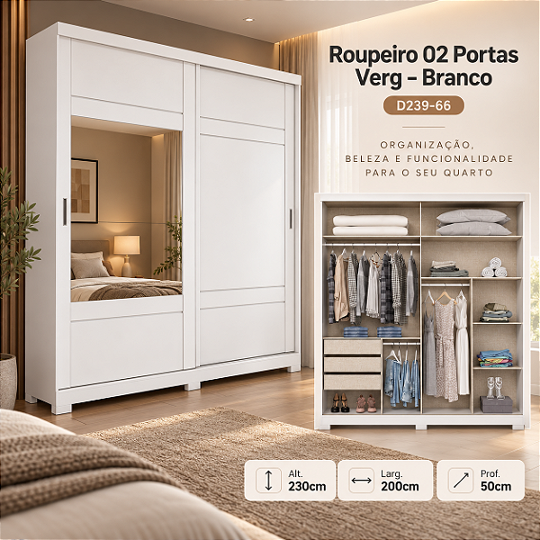 Roupeiro 200cm 02 Portas Deslizantes Verg - D239-66 - Branco - Móveis Henn