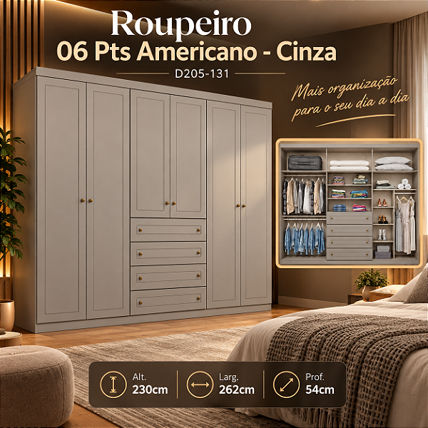 Roupeiro 262cm 06 Portas Americano - D205-131 - Cinza - Móveis Henn