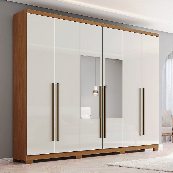 Roupeiro 06 Portas Jade c/ Espelho - D345-221 - Cinamomo / Off white - Móveis Henn