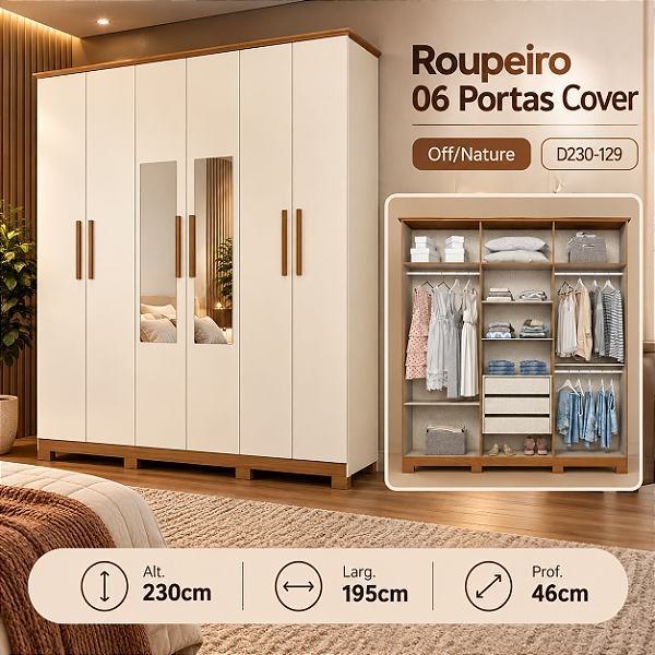 Roupeiro 195cm 06 Portas Cover c/ Espelho - D230-129 - Off white / Nature - Móveis Henn