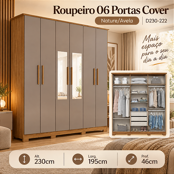 Roupeiro 195cm 06 Portas Cover c/ Espelho - D230-222 - Nature/Avela - Móveis Henn