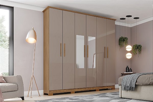 Roupeiro 06 Portas Cover c/ Espelho - D230-222 - Nature/Avela - Móveis Henn