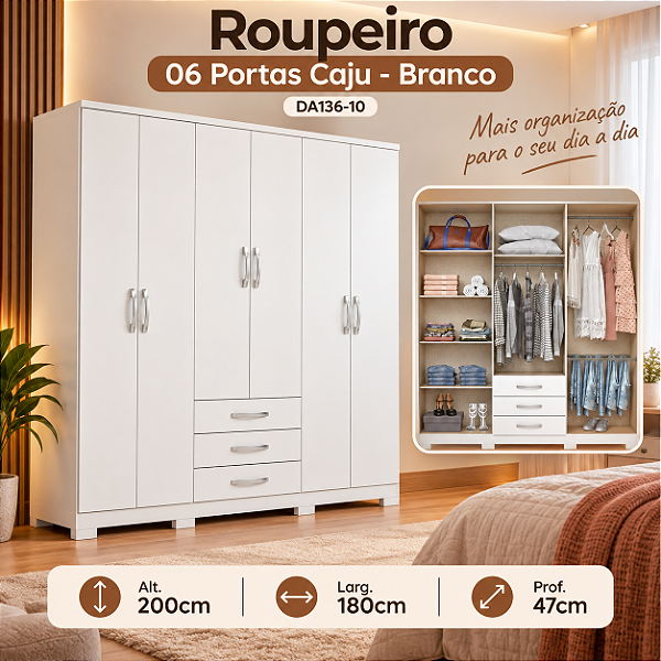 Roupeiro 180cm 06 Portas 03 Gavetas Cajú - DA136-10 - Branco - Móveis Henn