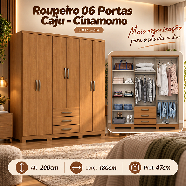Roupeiro 180cm 06 Portas 03 Gavetas Cajú - DA136-214 - Cinamomo - Móveis Henn