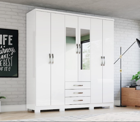 Roupeiro 06 Portas 03 Gavetas Cajú c/ Espelho - DA136-10 - Branco - Móveis Henn