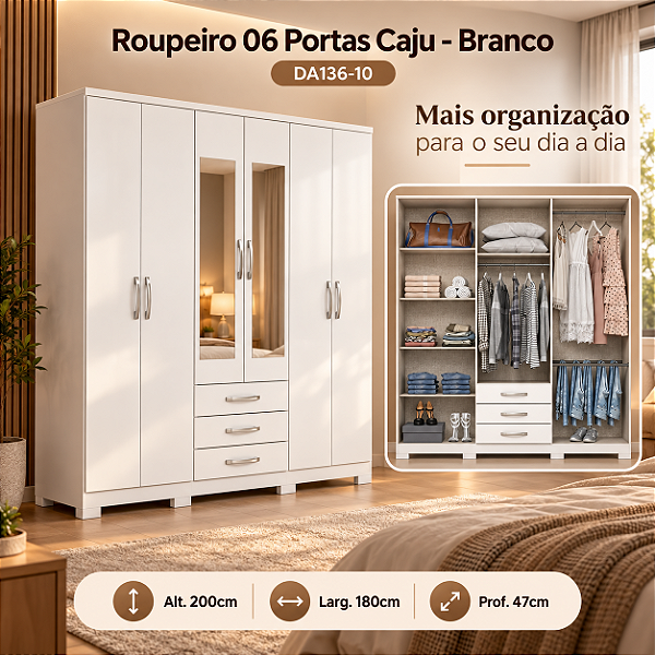 Roupeiro 180cm 06 Portas 03 Gavetas Cajú c/ Espelho - DA136-10 - Branco - Móveis Henn